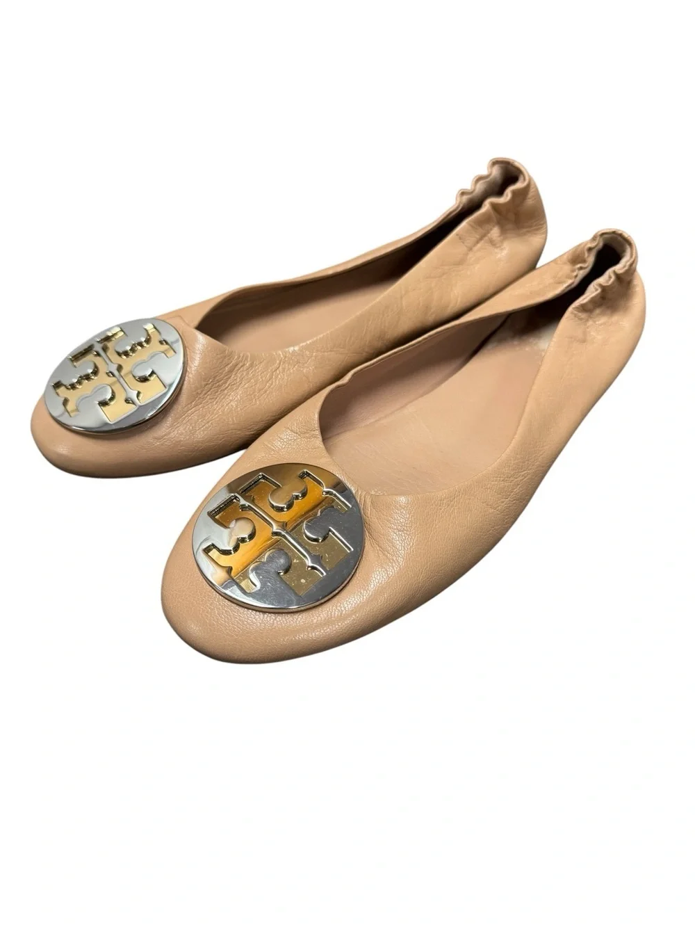 Tory Burch Almond Flour Nude Leather Claire Ballet Flat Logo Slip On Shoes 6